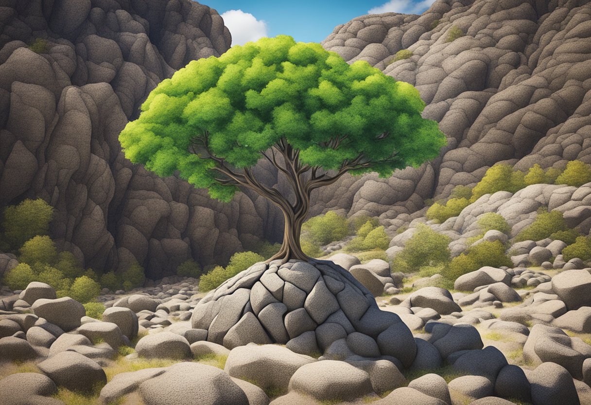 An adaptable tree growing amidst rocky terrain, symbolizing Treatment Strategies' resilience and the thriving spirit of cancer survivors