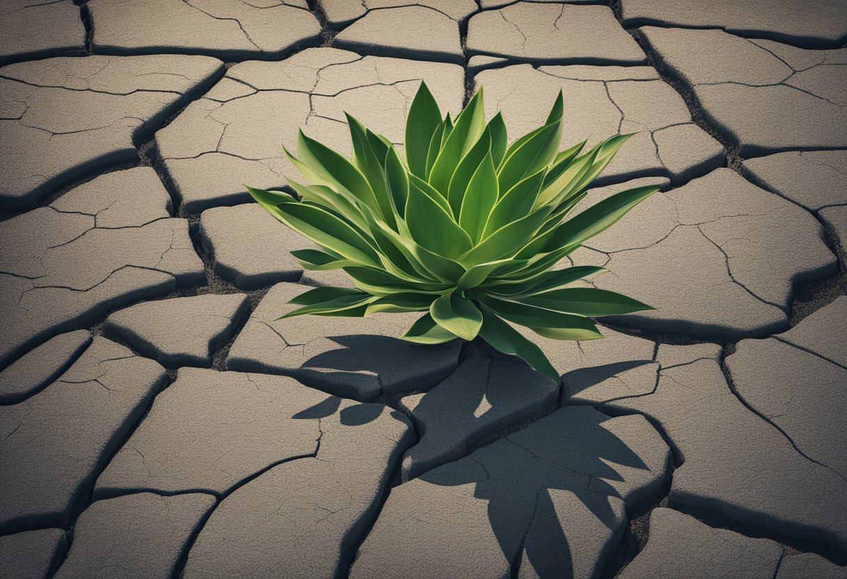 A resilient plant grows through cracked pavement, symbolizing adaptability and strength in overcoming challenges