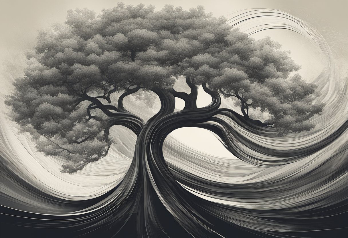 A resilient tree bending in the wind, symbolizing adaptability and thriving despite adversity