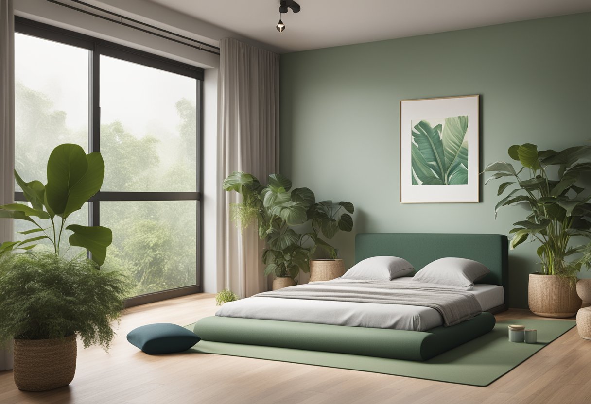 A serene, clutter-free bedroom with soft, natural lighting. A yoga mat and meditation cushion are placed near a large window, surrounded by green plants and calming decor
