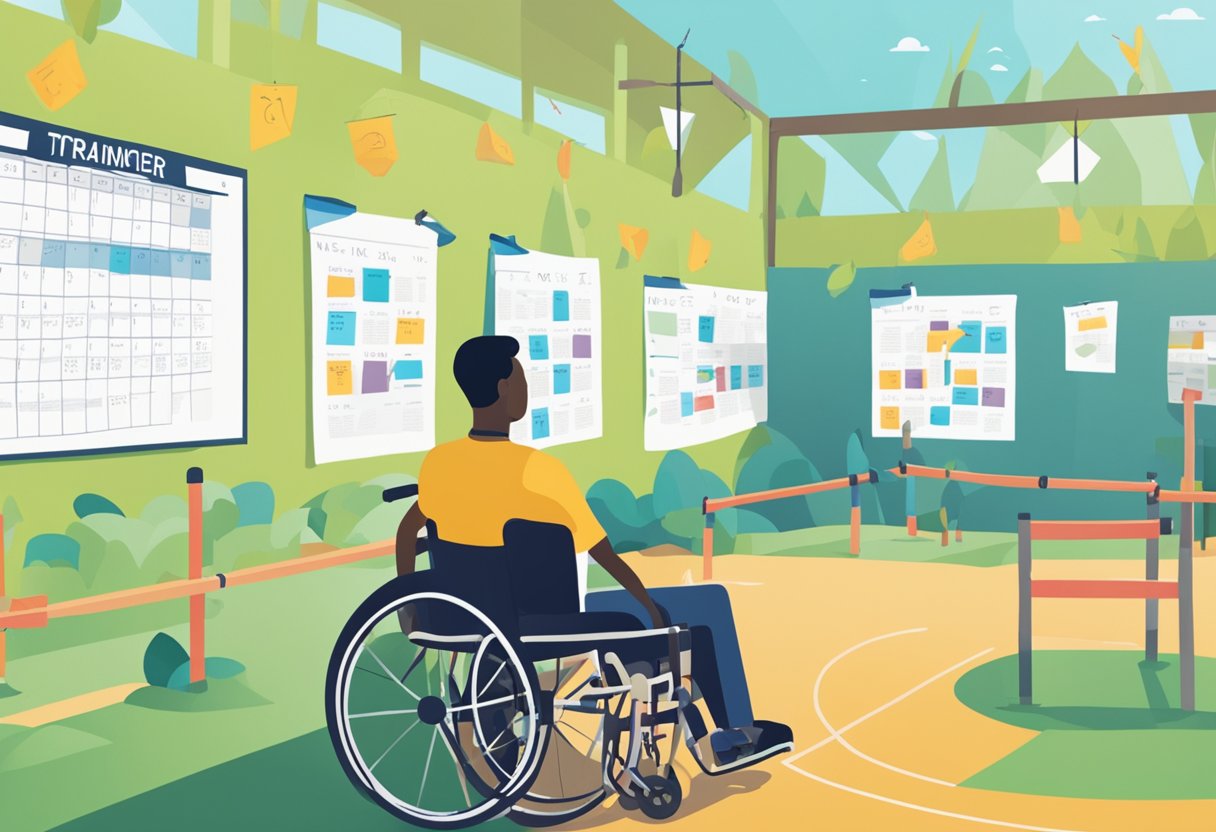 A person using a wheelchair to navigate an obstacle course with exercise equipment nearby. A calendar with daily routines and reminders for managing cancer treatment