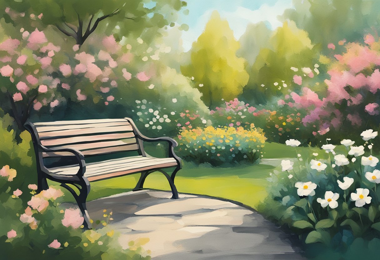 A serene garden with a winding path, blooming flowers, and a peaceful bench. A journal and a cup of tea sit on the bench, symbolizing reflection and self-care