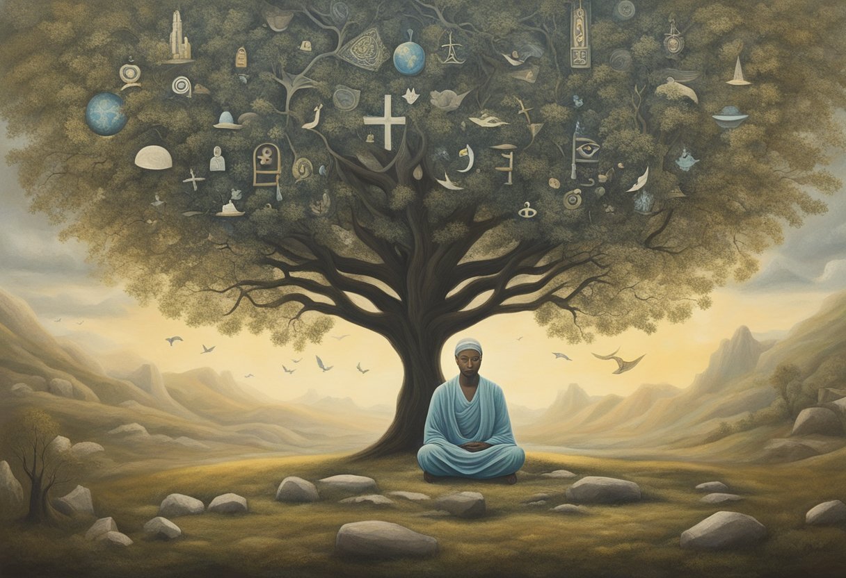 A serene figure meditates under a tree, surrounded by symbols of spirituality and cultural heritage. The scene exudes resilience and inner strength in the face of loss and illness