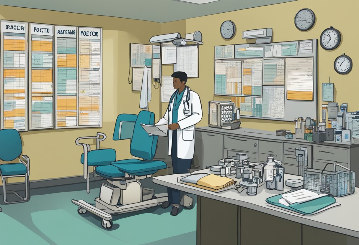 A doctor administers treatments to a patient. Medical equipment and supplies are organized on a table. A calendar with scheduled procedures hangs on the wall