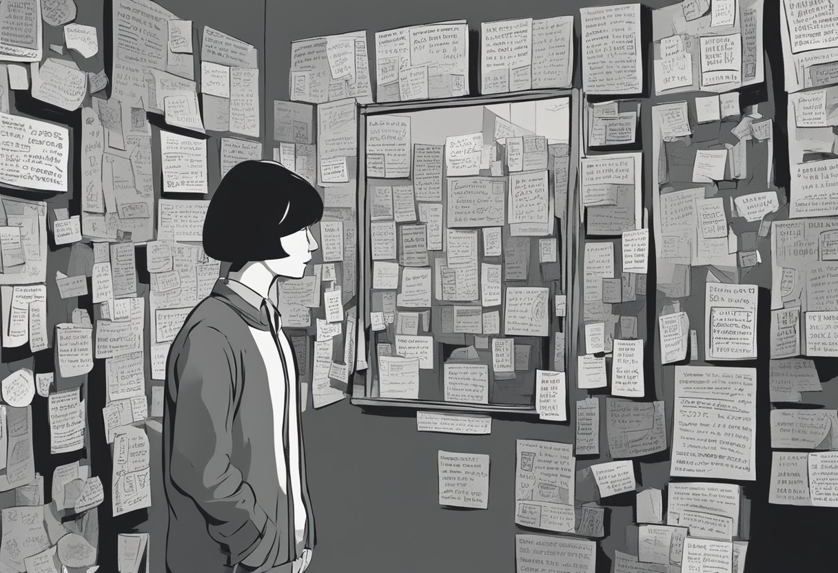 A person standing in front of a mirror, with a determined expression, surrounded by supportive messages and reminders