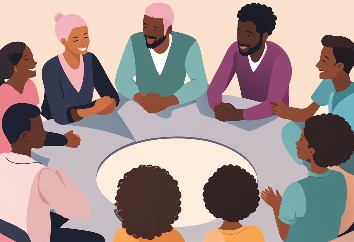 A group of diverse individuals gather in a circle, offering words of encouragement and support to a cancer survivor. Some are smiling and offering hugs, while others are engaged in deep conversations, reflecting the ambivalence of coping with the challenges of cancer survivorship