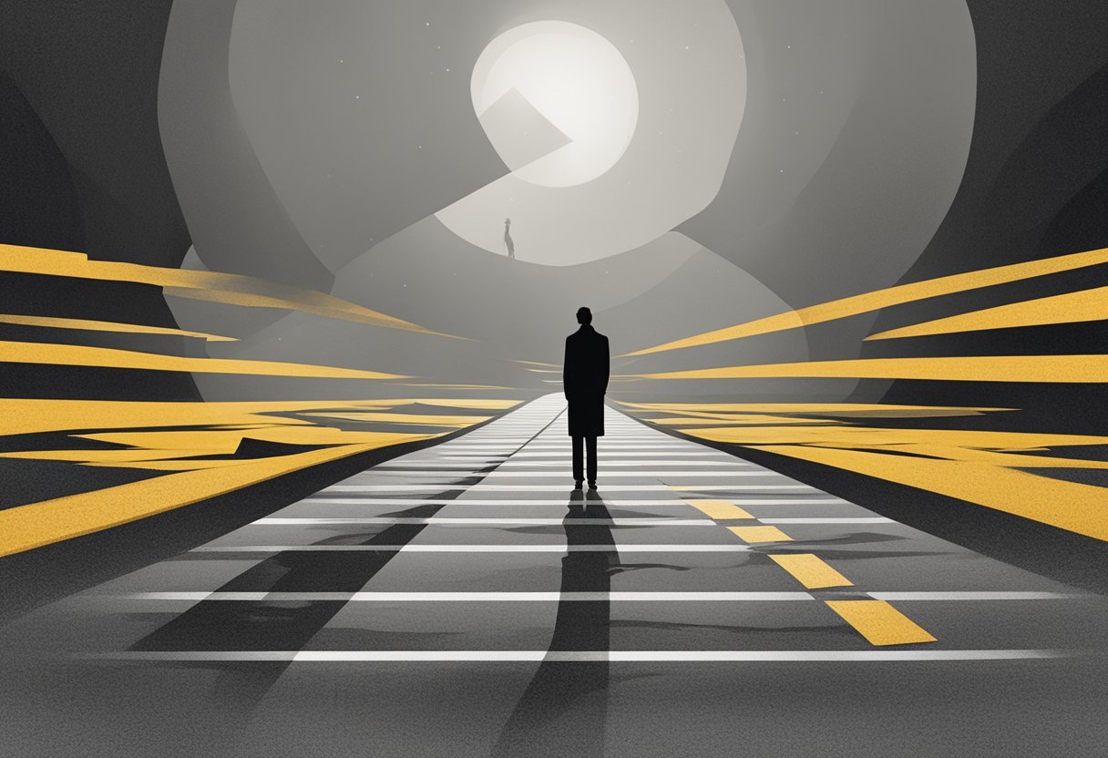 A person standing at a crossroads, one path leading to a bright, hopeful future, the other to a dark, uncertain one. The figure is torn between the two, reflecting the ambivalence of cancer survivorship