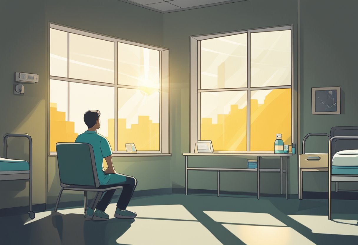 A person sits in a hospital room, surrounded by conflicting emotions. A ray of hope shines through the window, symbolizing resilience and determination