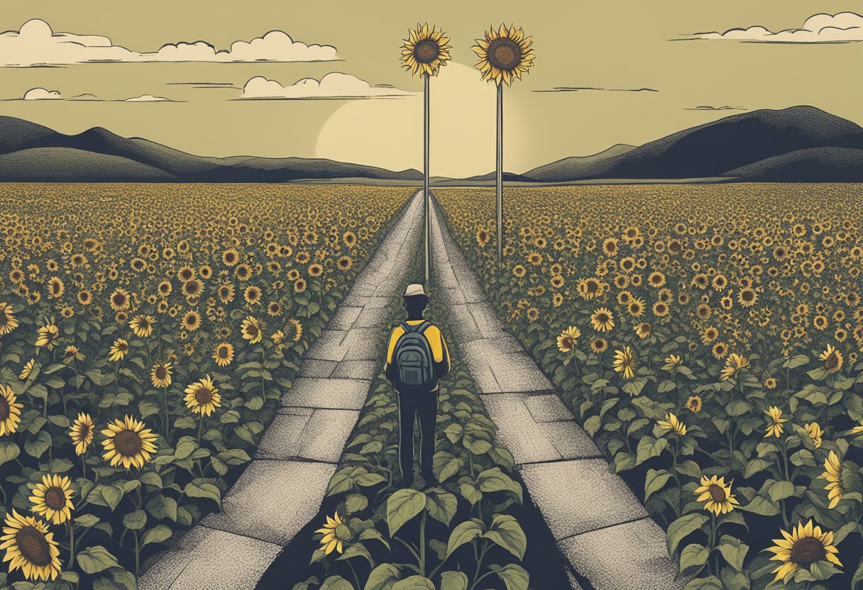 A person standing at a crossroads, looking both hopeful and uncertain. A sunflower beside them symbolizes resilience and growth