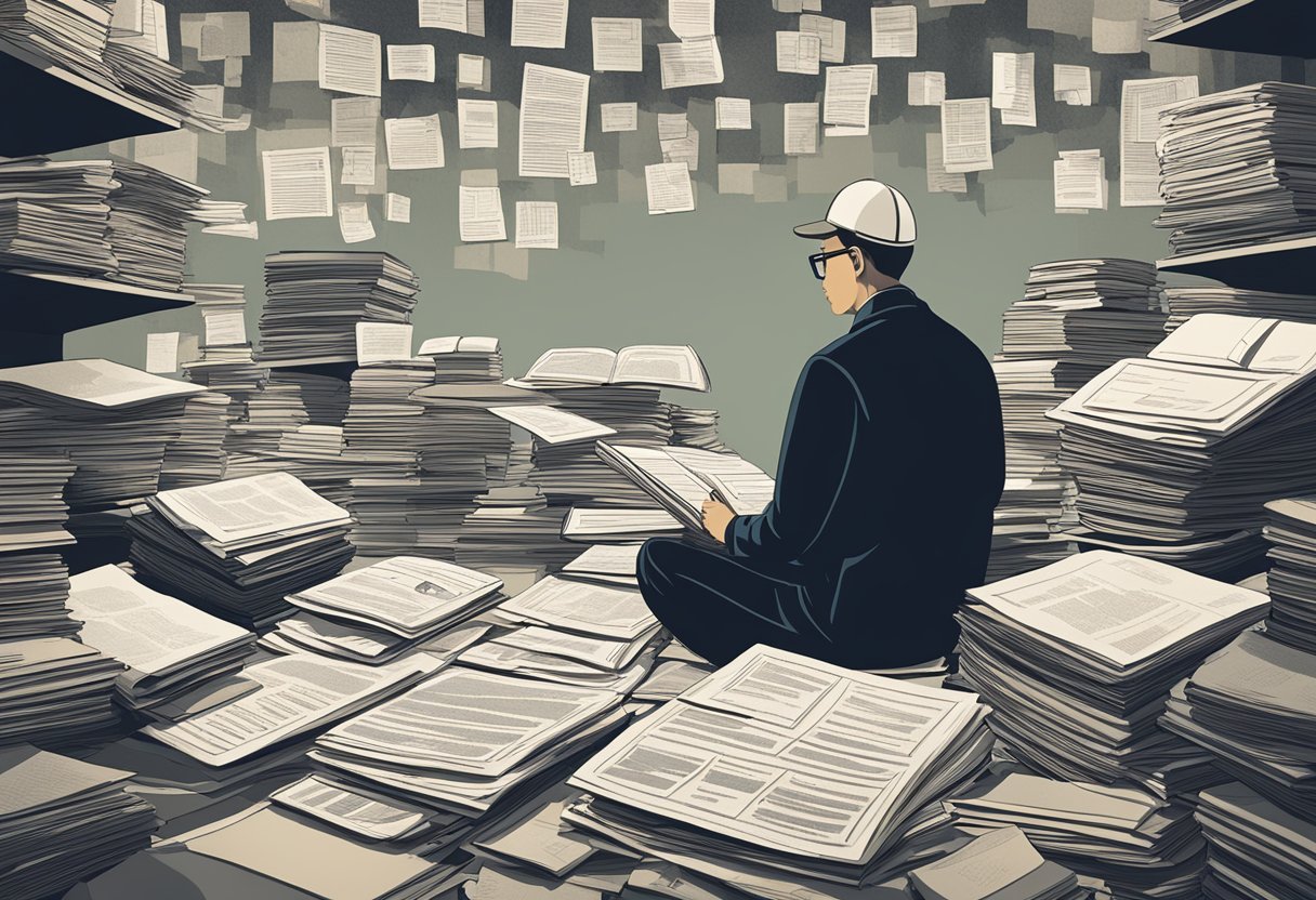 A person sits surrounded by medical reports and research articles, contemplating the uncertain future of cancer survivorship