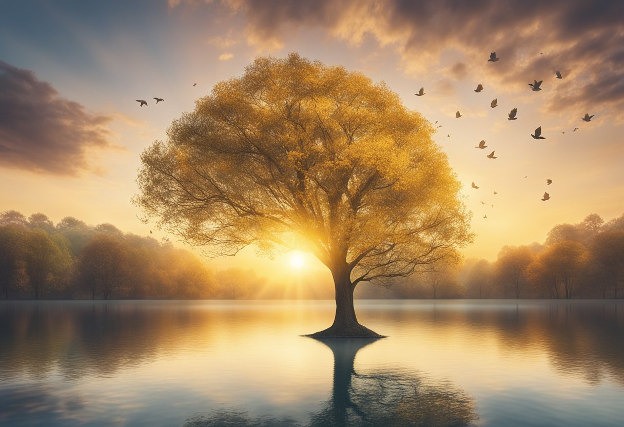 A bright sunrise over a tranquil lake, symbolizing hope and renewal. A tree shedding old leaves, making way for new growth