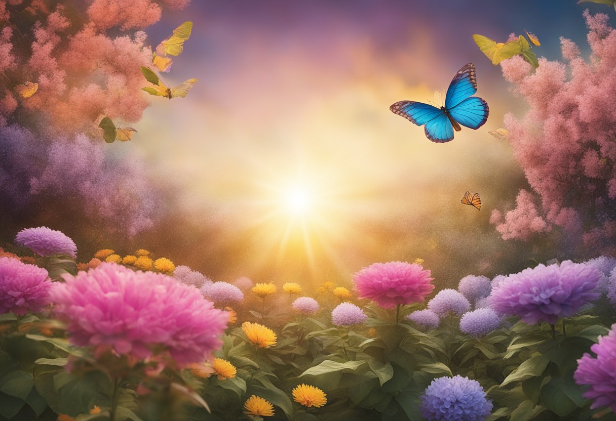 A vibrant garden with blooming flowers, a butterfly emerging from a cocoon, and a sunrise symbolizing new beginnings