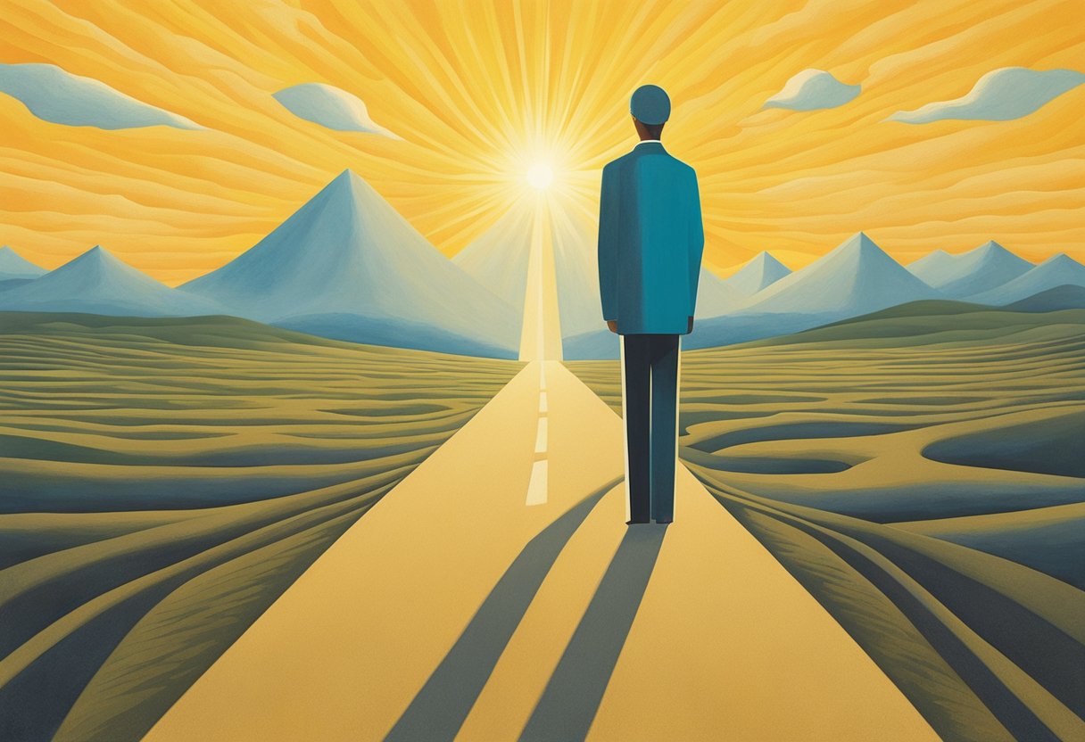 A figure stands at a crossroads, facing a path of obstacles and opportunities. The sun shines brightly, symbolizing hope and resilience