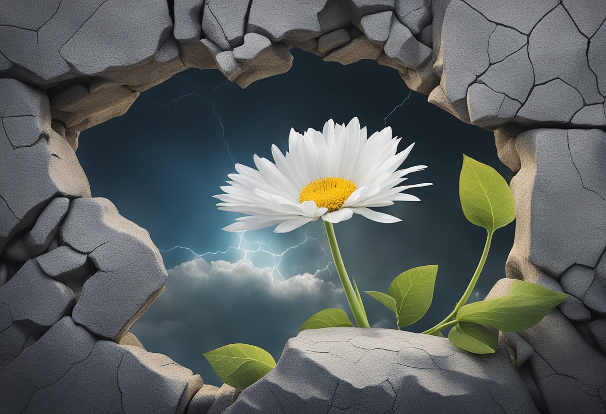 A blooming flower breaking through a cracked rock, symbolizing resilience and growth after overcoming cancer
