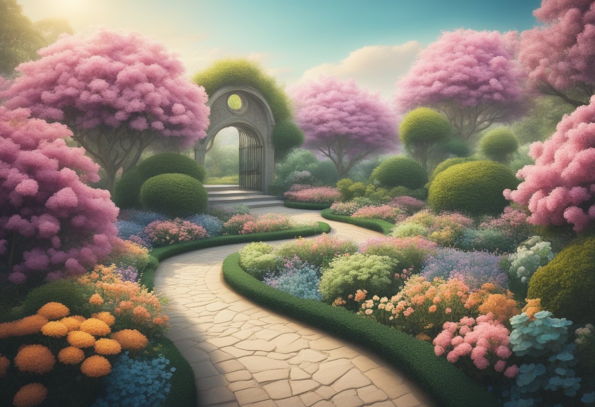 A serene garden with blooming flowers and a winding path leading to a peaceful treatment center, symbolizing the journey of welcoming change for cancer thrivers