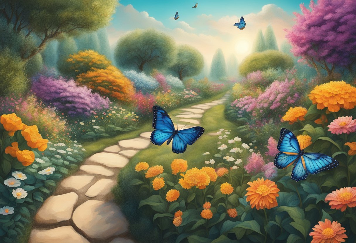 A winding path leads to a vibrant garden, symbolizing growth and renewal. A butterfly hovers over blooming flowers, representing transformation and resilience