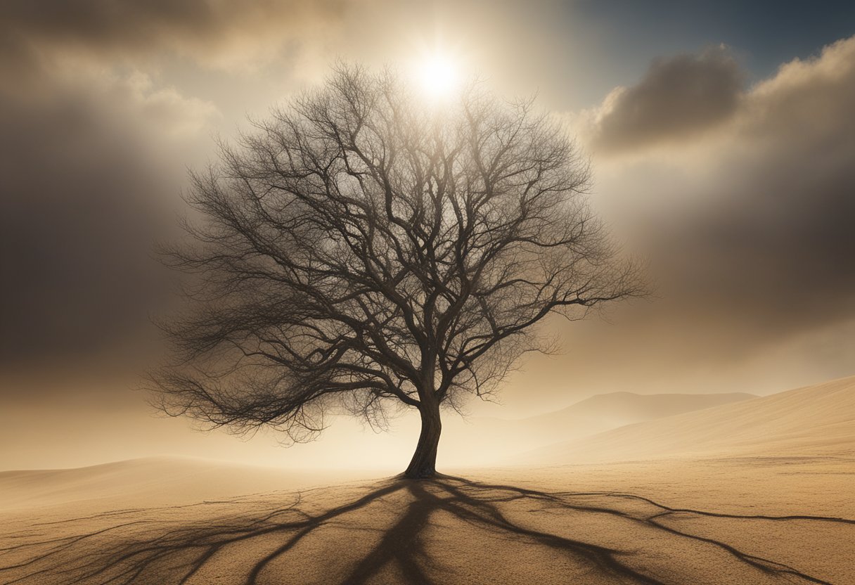 A lone tree stands tall in a barren landscape, its branches reaching towards the sun. Despite the harsh surroundings, the tree remains strong and resilient, symbolizing hope and perseverance
