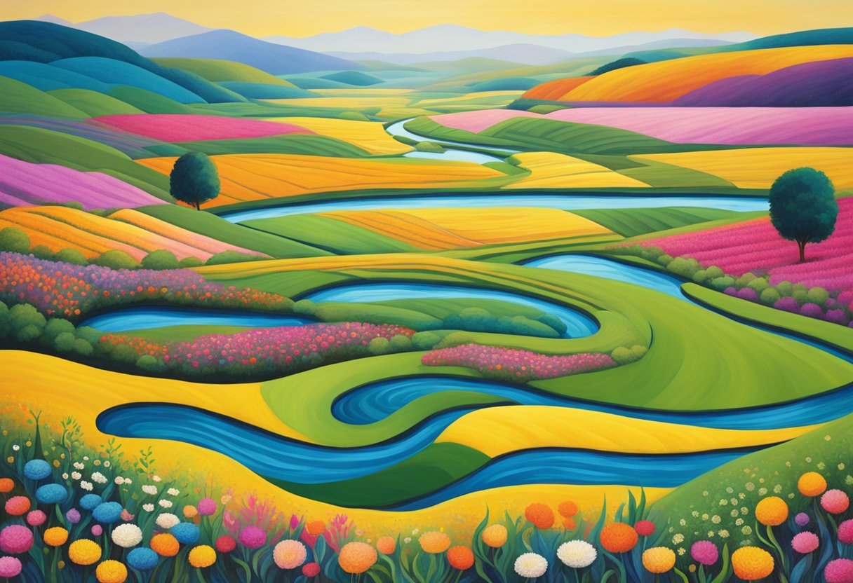A serene river winding through vibrant, blooming fields, symbolizing the ebb and flow of survivorship and living beyond cancer