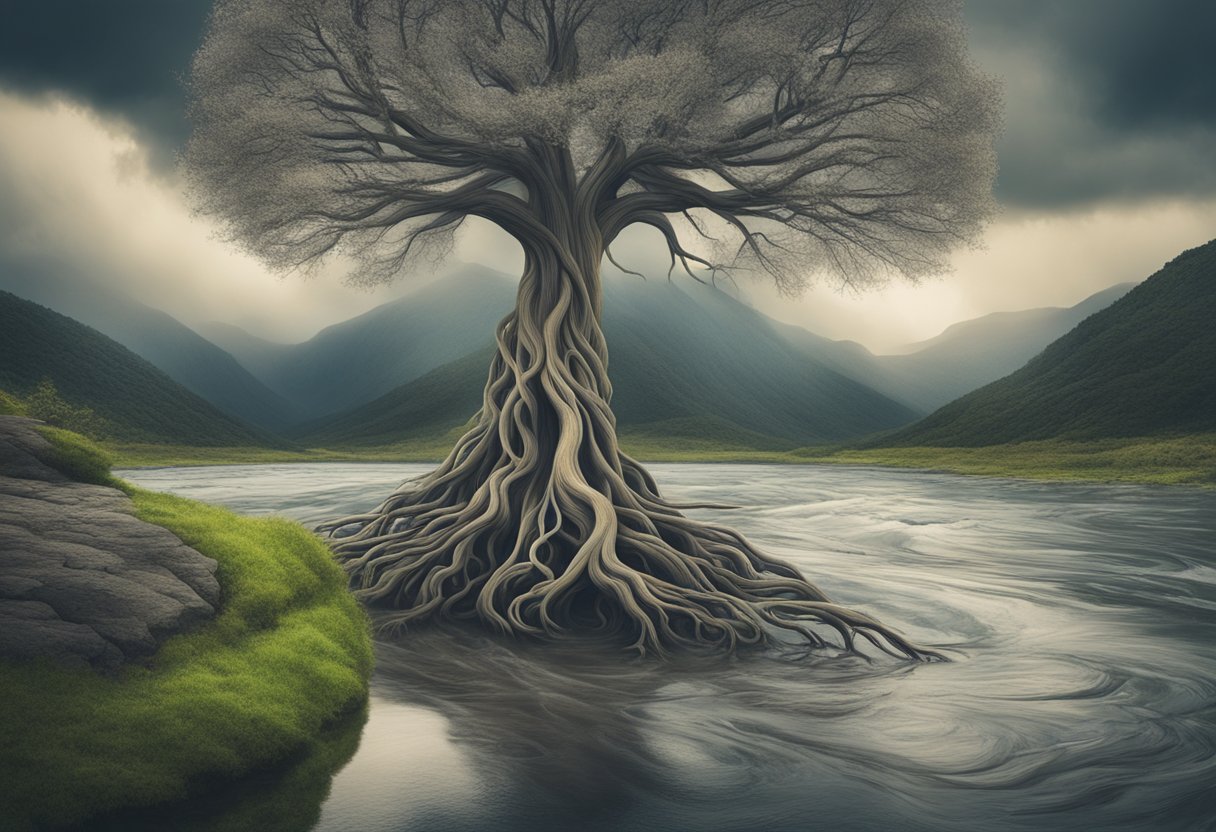 A tree with strong roots and flexible branches, surrounded by a flowing river and changing weather patterns