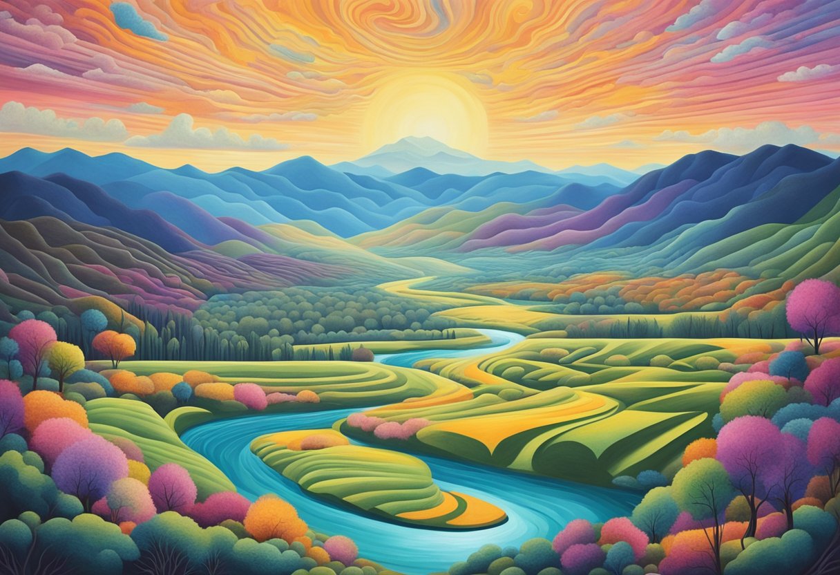 A serene river flows through a vibrant landscape, symbolizing the ebbs and flows of understanding cancer