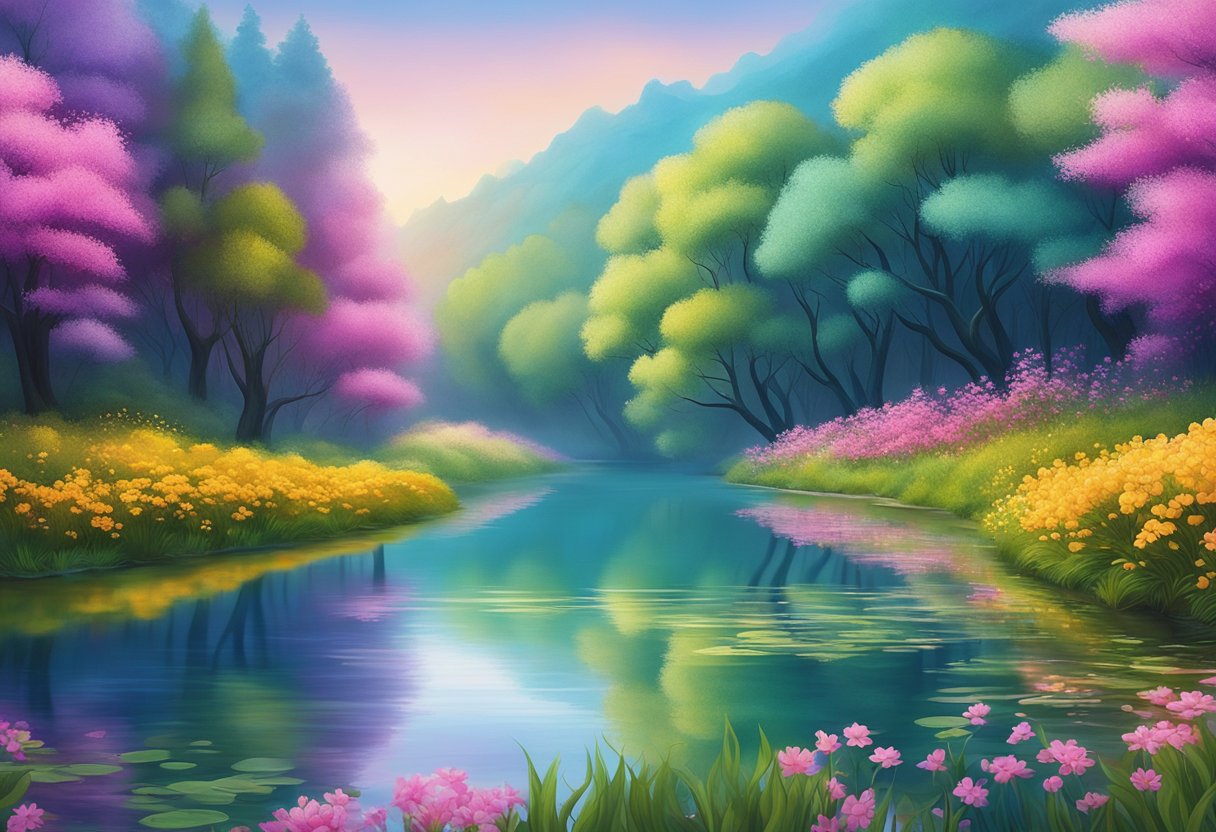 A serene river flowing through a peaceful landscape, with vibrant flowers and trees reflecting in the water, symbolizing the ebbs and flows of the cancer experience