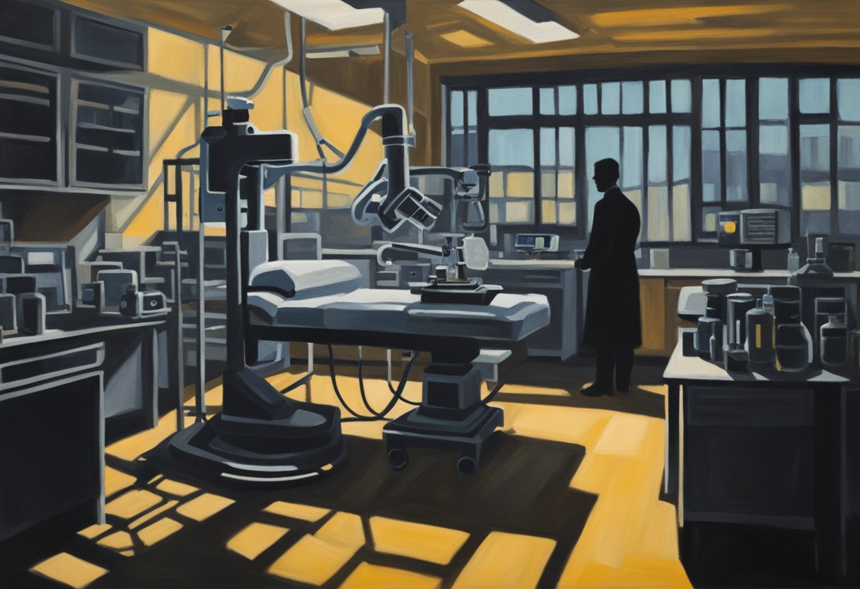 A laboratory scene with advanced medical equipment and a shadowy silhouette representing cancer. A symbol of hope for cancer survivorship