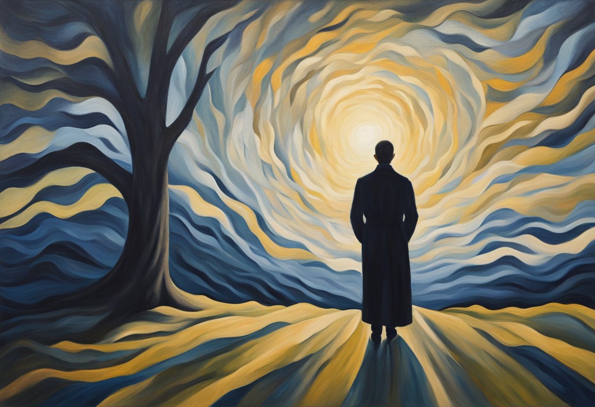 A lone figure stands in a beam of light, surrounded by dark, swirling shadows. The figure exudes strength and resilience, symbolizing the personal impact of cancer survivorship