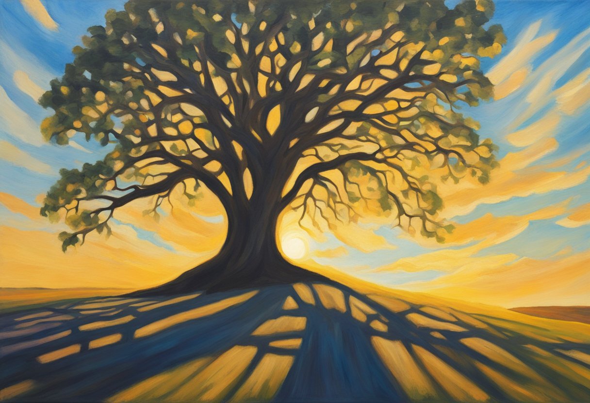 A lone tree stands tall against a setting sun, casting long shadows on the ground, symbolizing the journey of cancer survivorship