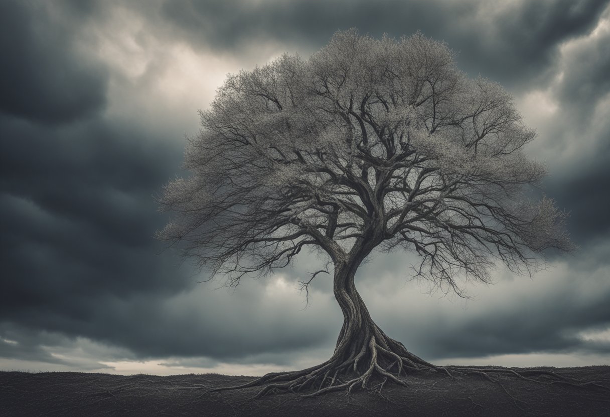 A lone tree stands tall against a stormy sky, its branches reaching out with strength and determination. The ground below shows signs of struggle, but also new growth, symbolizing survivorship and resilience