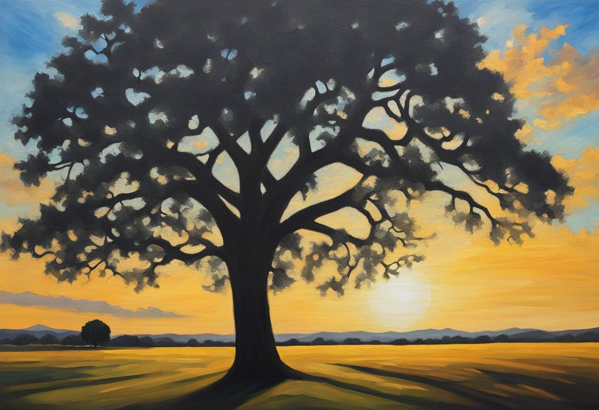 A lone tree stands tall, casting a long shadow on the ground. The sun sets in the distance, creating a beautiful silhouette against the sky