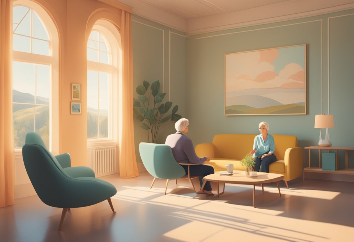 A serene, sunlit room with comfortable seating and soft, soothing colors. A counselor listens attentively to a cancer survivor, offering empathy and support