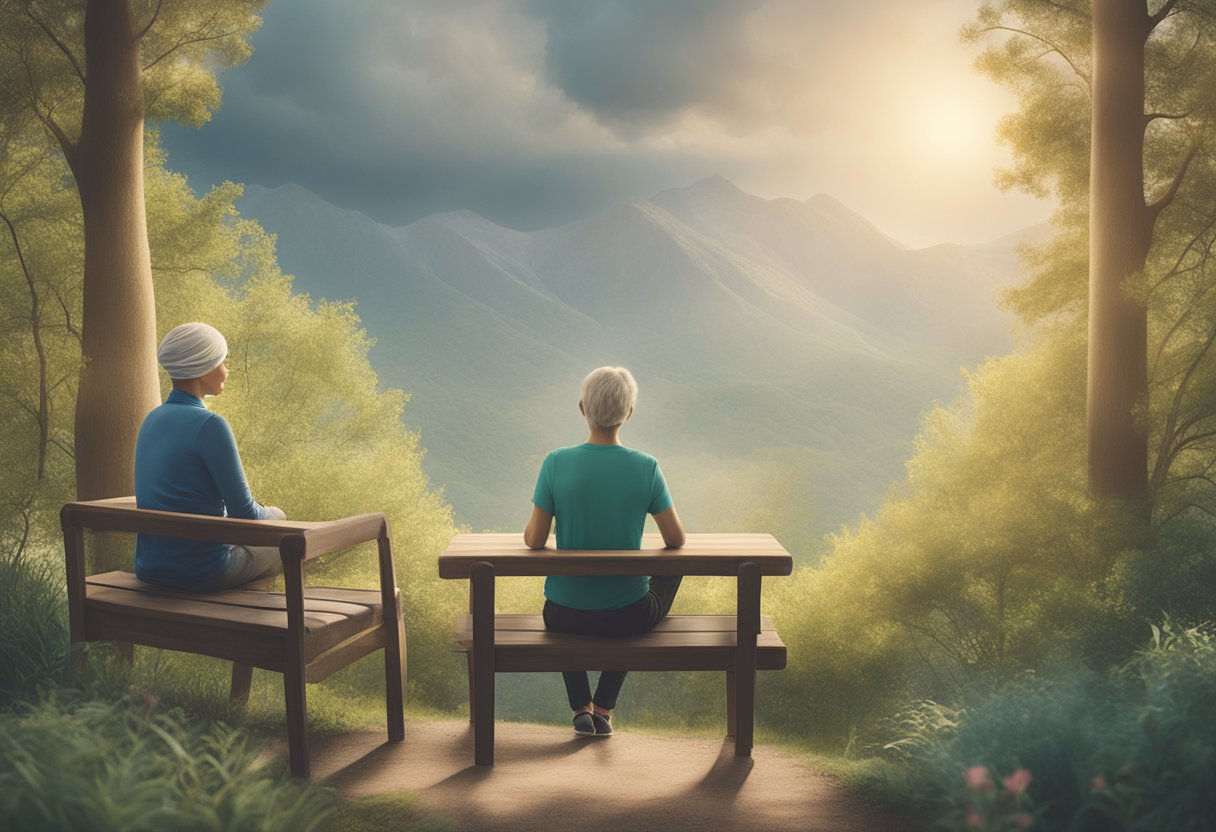 A counselor sits with a cancer survivor, discussing post-treatment health and survivorship. The atmosphere is warm and supportive, with a focus on holistic well-being