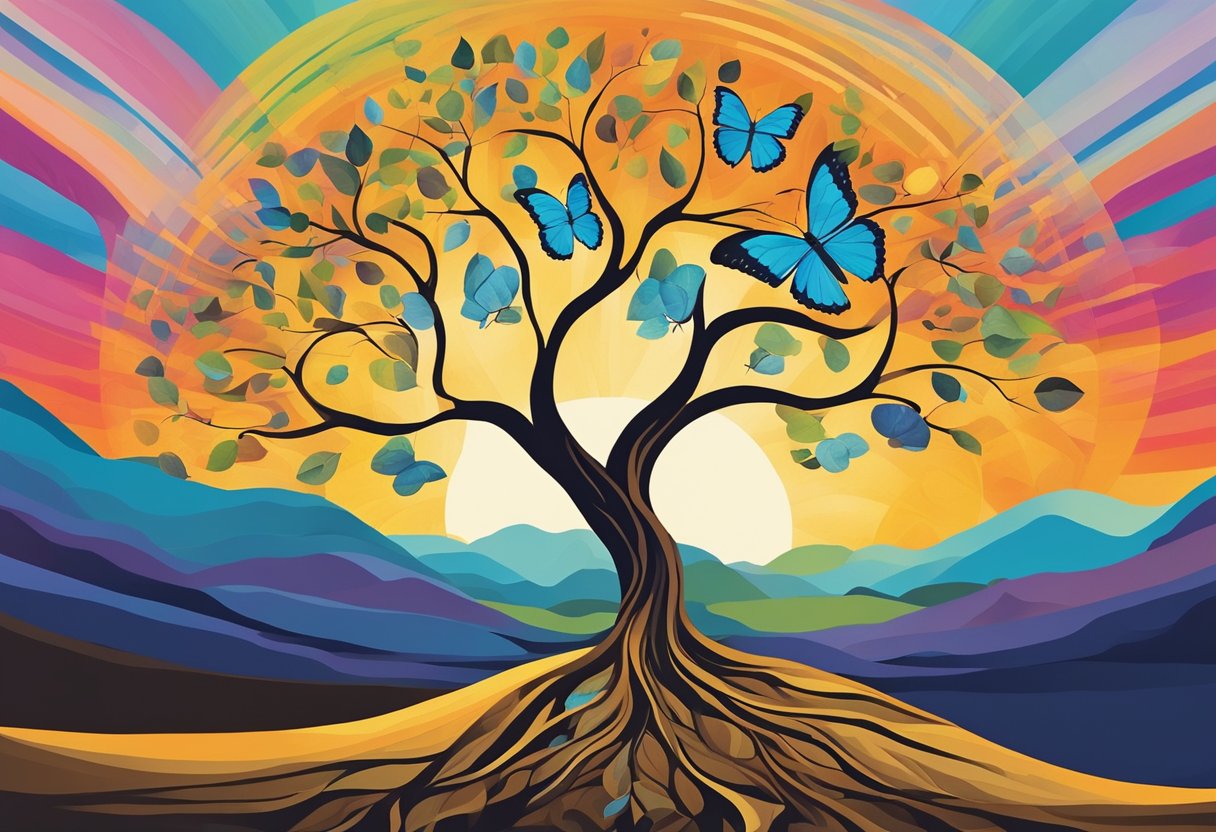 A serene landscape with a vibrant sunrise, a tree with strong roots, and a butterfly emerging from a cocoon symbolizing hope and resilience in the face of adversity