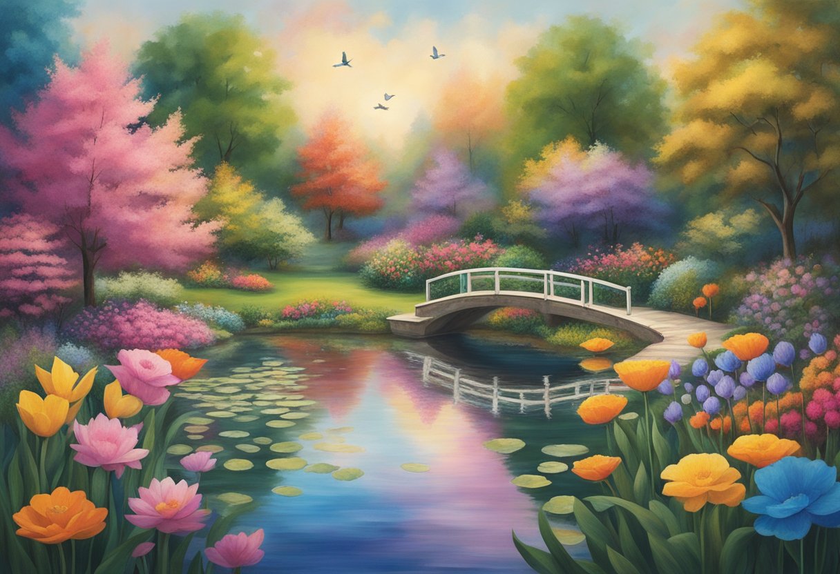 A serene garden with vibrant flowers and a peaceful pond, symbolizing hope and healing for cancer survivors in humanistic counseling