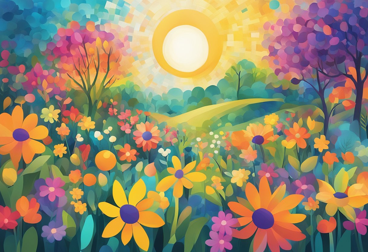 A vibrant garden with blooming flowers and a glowing sun, symbolizing hope and resilience in the face of adversity