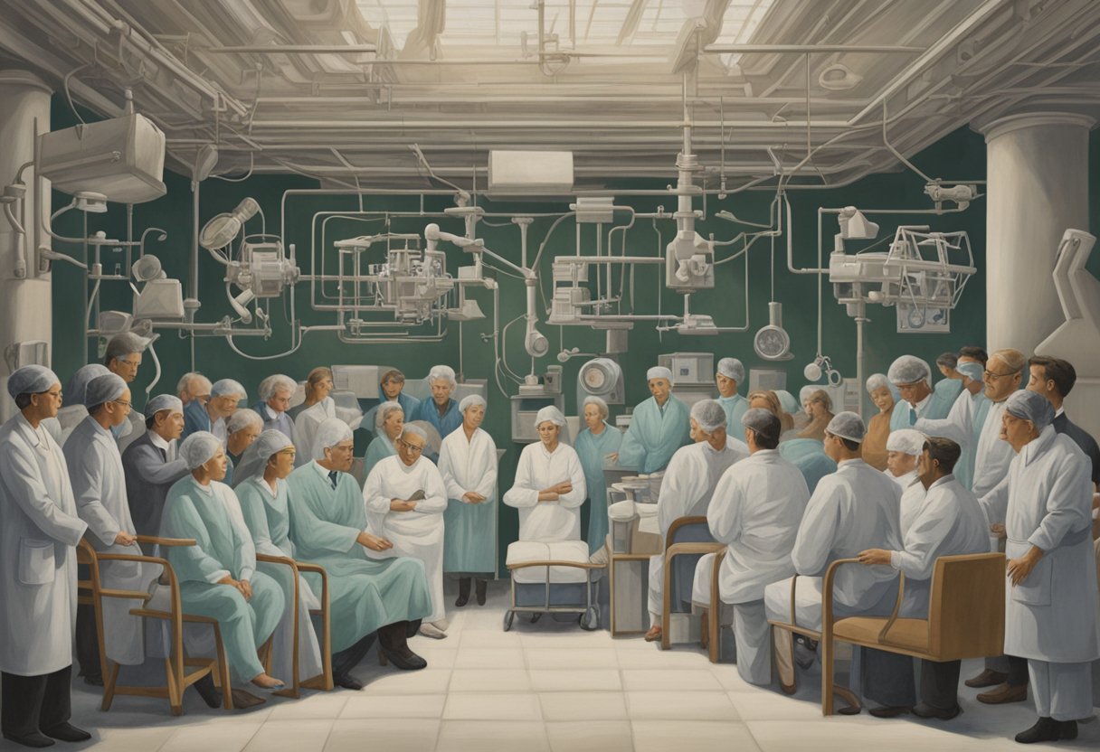 A person receiving treatment, surrounded by medical professionals and support systems. Symbolic representations of hope and resilience