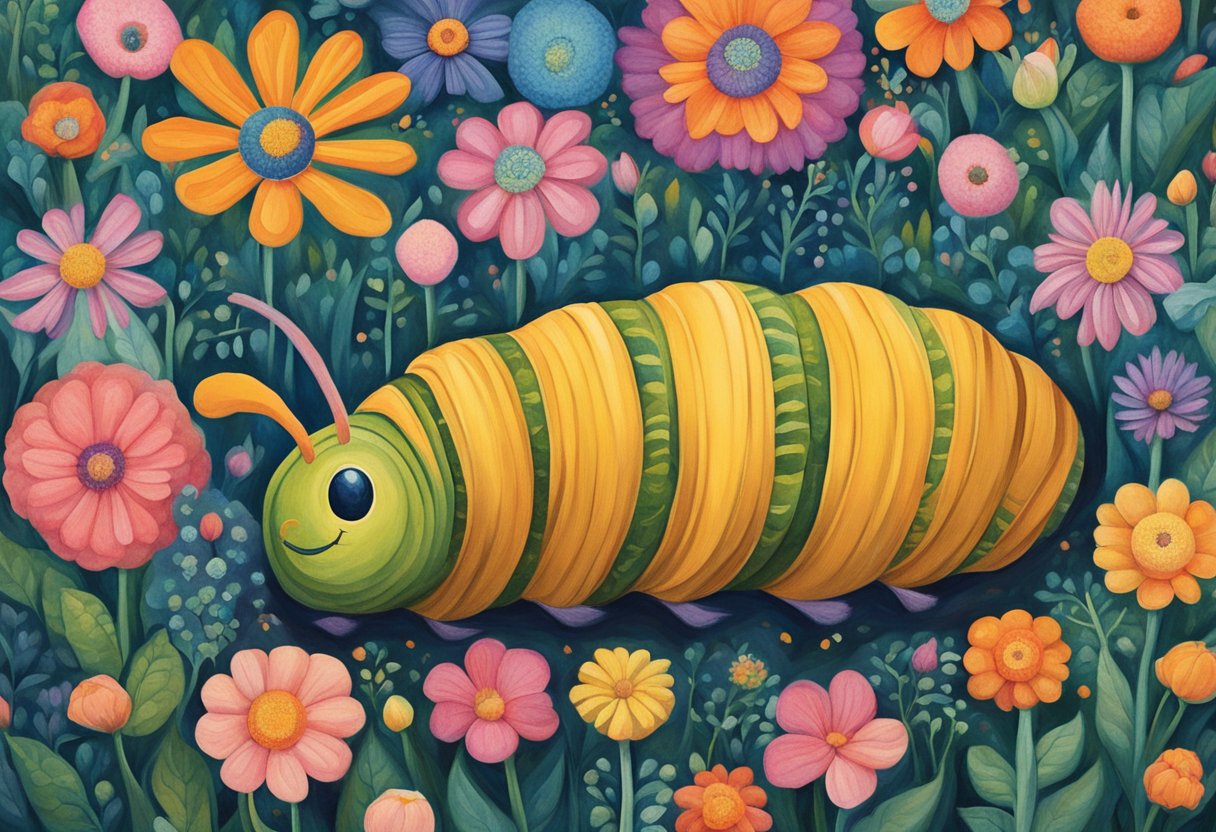 A caterpillar emerges from a cocoon, symbolizing transformation in survivorship. The cocoon is surrounded by vibrant flowers, representing hope and growth after overcoming cancer