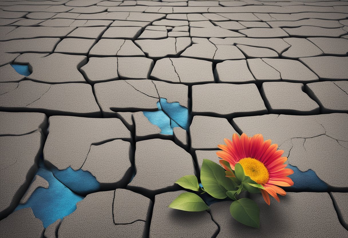 A vibrant flower blooms through cracked pavement, symbolizing resilience and hope after adversity