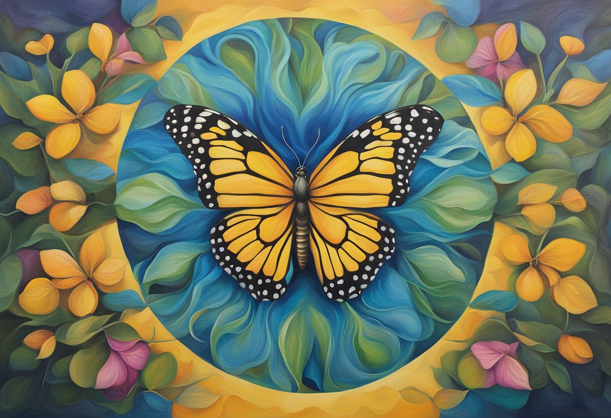 A vibrant butterfly emerges from a cocoon, symbolizing transformation and survivorship after cancer