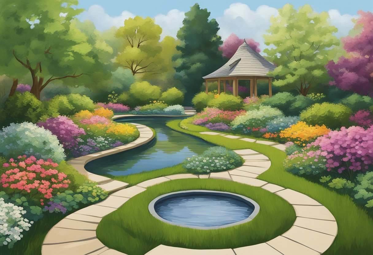 A peaceful garden with a winding path, blooming flowers, and a serene pond, symbolizing purposeful living and cancer survivorship
