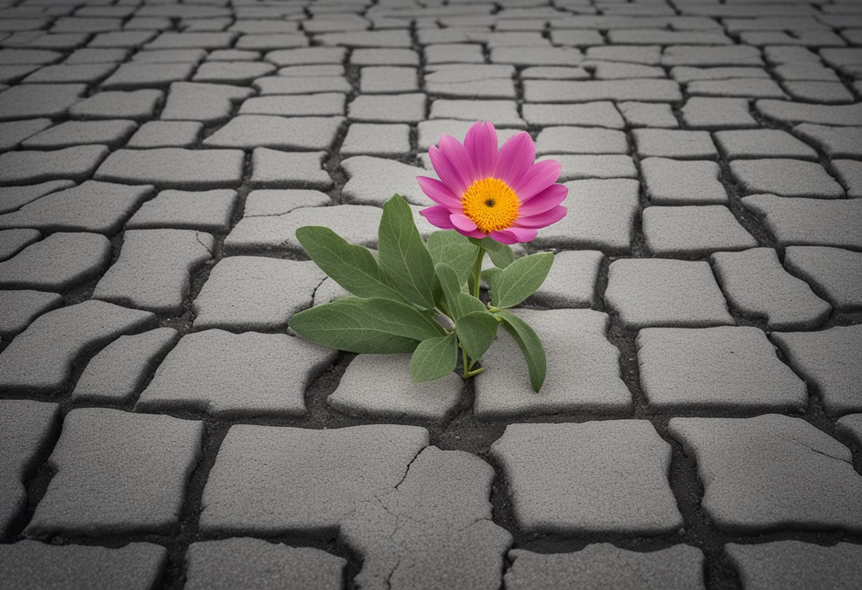 A blooming flower growing through cracked pavement, symbolizing purposeful living and resilience after cancer survivorship