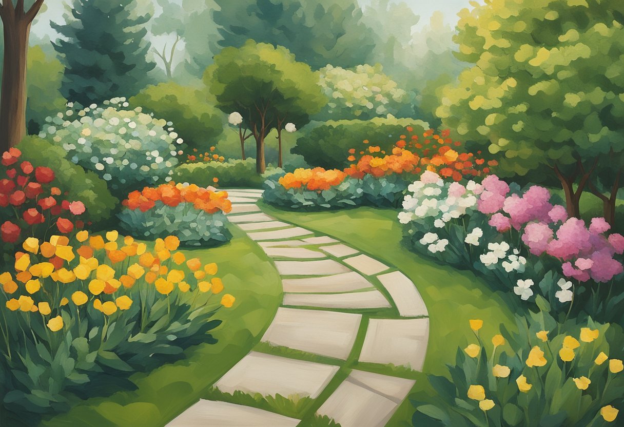 A serene garden with blooming flowers and a winding path, symbolizing purposeful living and survivorship