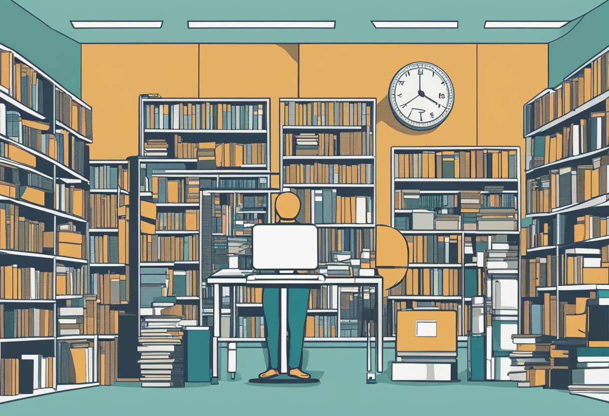 A person stands surrounded by books, medical equipment, and a computer, symbolizing the advancements in cancer research and resources for purposeful living and cancer survivorship