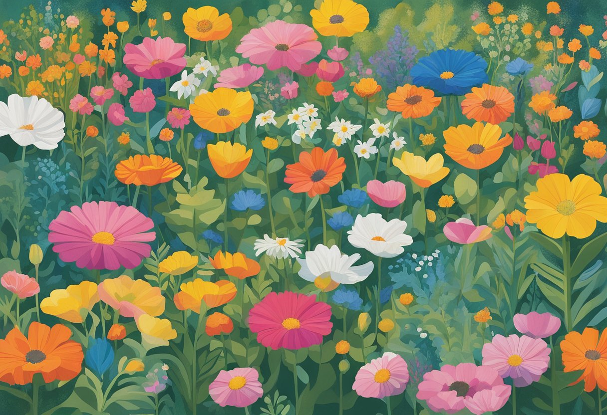 A vibrant garden with blooming flowers and a clear blue sky, symbolizing physical and emotional well-being and purposeful living after cancer survivorship