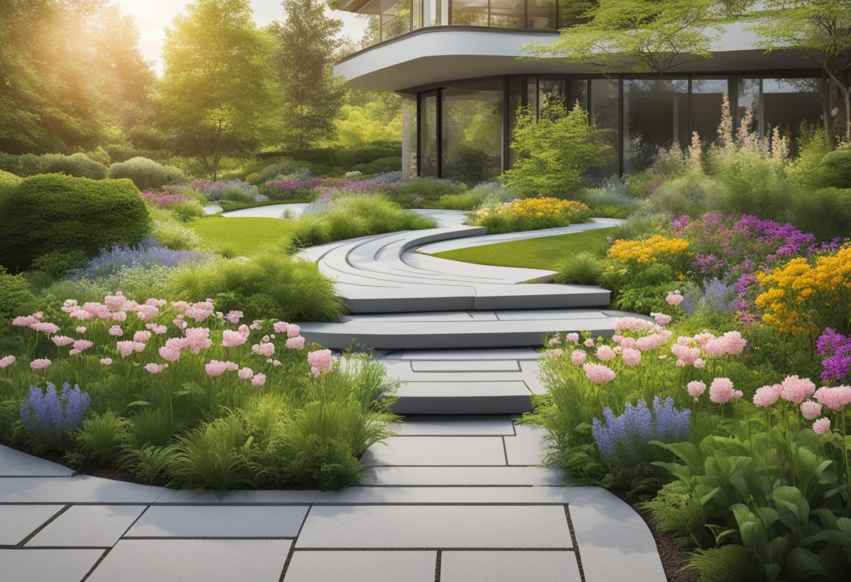 A serene garden with a winding path leading to a peaceful retreat, surrounded by blooming flowers and vibrant greenery