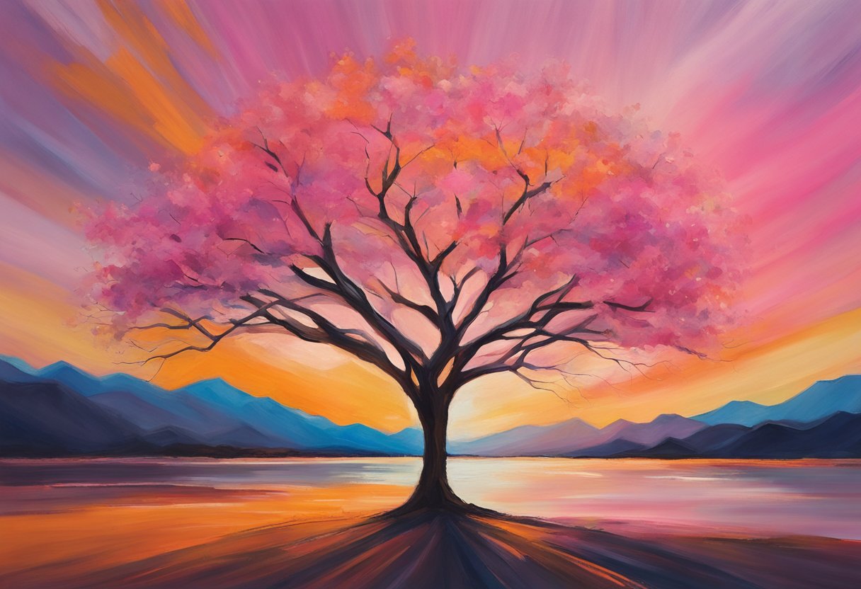 A lone tree stands tall, its branches reaching towards the sky. A vibrant sunset paints the sky with hues of pink and orange, symbolizing hope and resilience