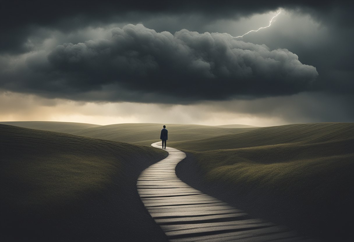 A figure standing on a winding path, surrounded by dark storm clouds but moving towards a bright, hopeful light in the distance