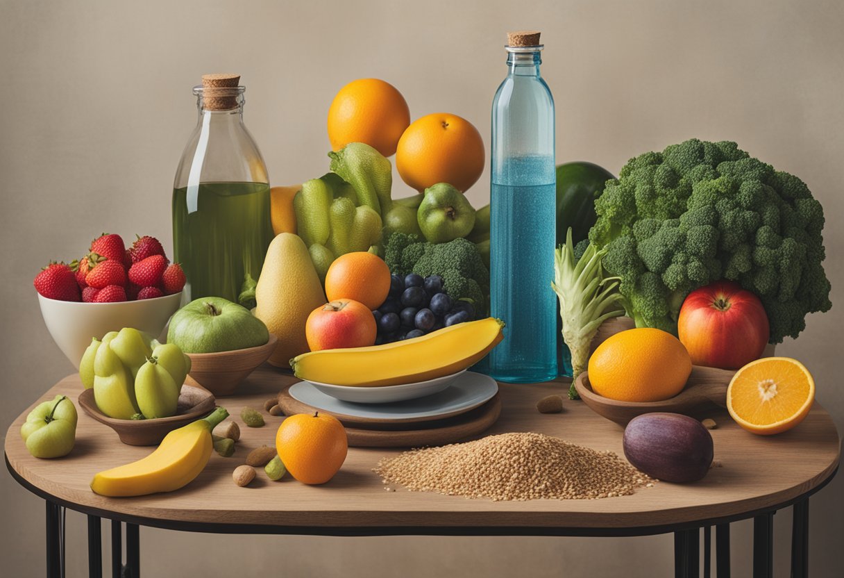 A table set with colorful fruits, vegetables, and whole grains. A glass of water and a bottle of vitamins sit nearby