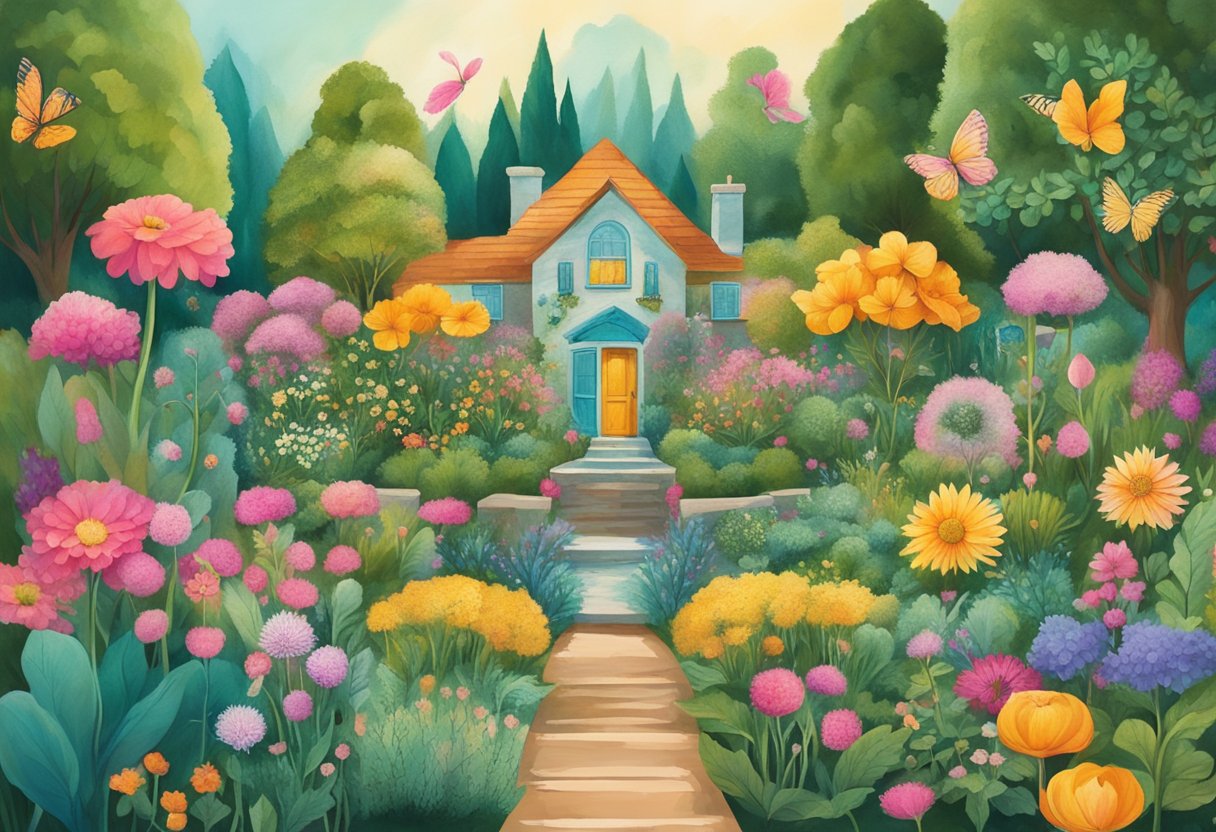 A vibrant garden with blooming flowers and healthy plants, surrounded by positive affirmations and proactive tools for managing cancer