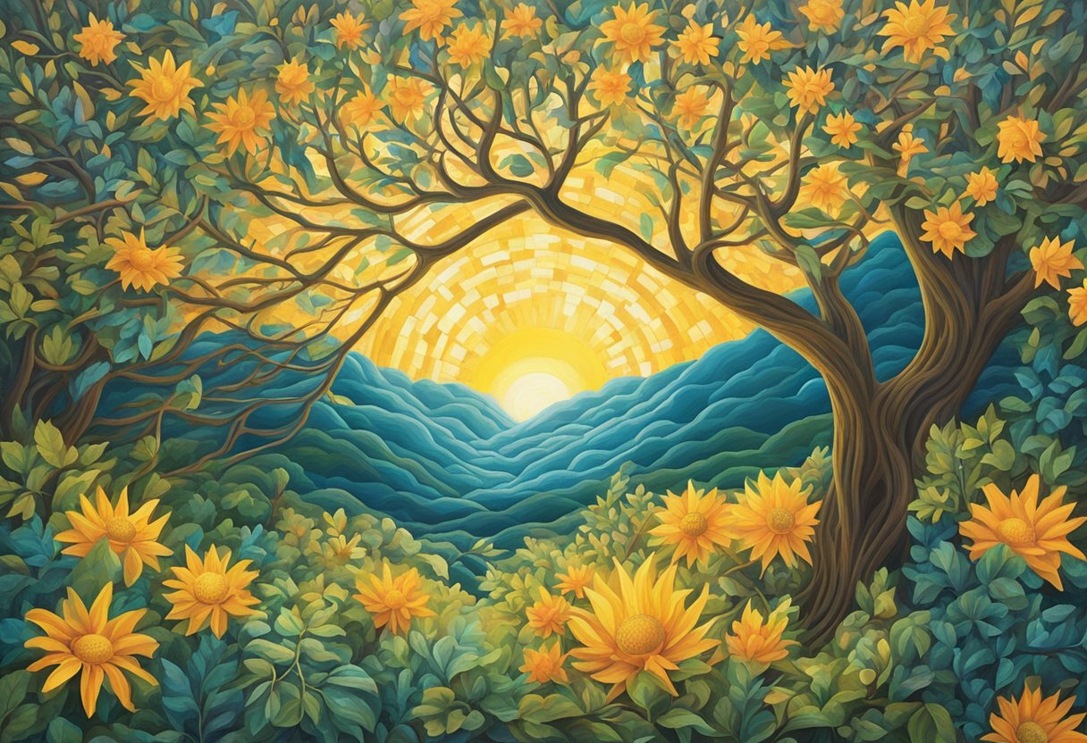 A vibrant sunburst radiates from within a tangled thicket, symbolizing the resilience and strength of a cancer thriver. The rays of light break through the dense foliage, representing the impact and advocacy of proactive discipline in overcoming adversity